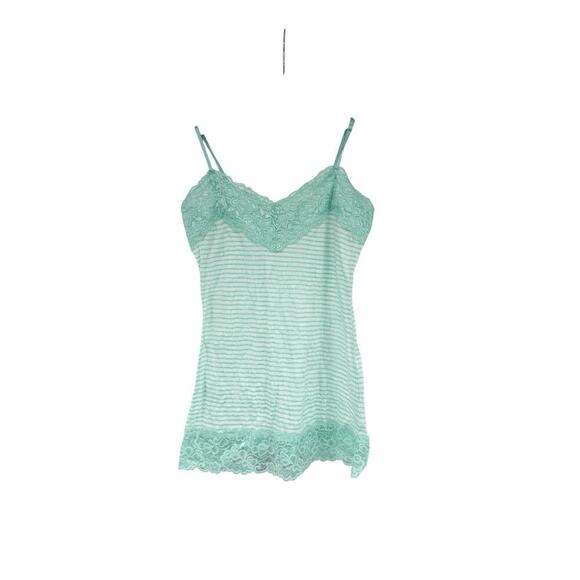 Y2K Light Green Stripe Crinkle Lace Cami Tank Top Vanity Medium Fairy Coquette - Picture 1 of 7